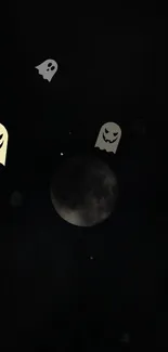 Dark phone wallpaper with glowing ghosts and a moon in the night sky.