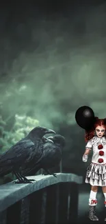 Spooky girl with balloon and ravens on a misty bridge wallpaper.