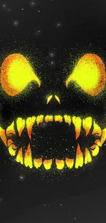 Spooky glowing face with yellow eyes on a black background.