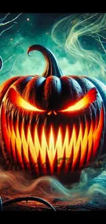 Glowing sinister pumpkin with fiery teeth for Halloween mobile wallpaper.