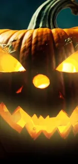 A spooky glowing pumpkin with a sinister face, perfect for Halloween.