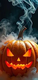 Glowing pumpkin with misty background, perfect for Halloween.