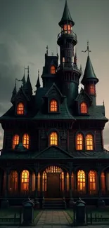 Spooky dark gothic castle with glowing windows under a cloudy sky.