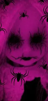 Spooky Gothic doll with spiders on a magenta background wallpaper.