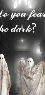 Gothic ghost wallpaper with spooky text 'Do you fear the dark?'