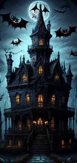 Gothic haunted mansion with bats under a full moon, perfect for Halloween vibes.