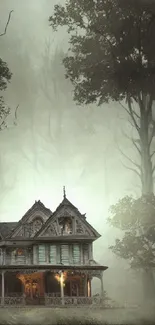 Mysterious gothic house in a foggy, eerie forest setting.