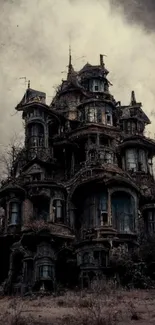 Eerie gothic house with a spooky atmospheric background.