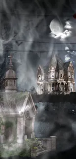 Gothic mansion in spooky foggy night scene.