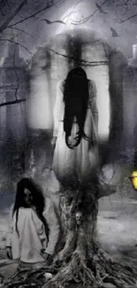 Eerie ghostly figure with long hair stands in a haunting nightscape.