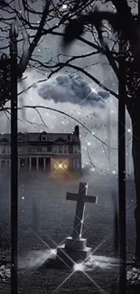 Eerie graveyard scene with a Gothic gate and dark sky.