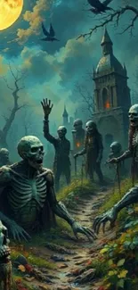 Haunting graveyard scene with skeletons under moonlight.