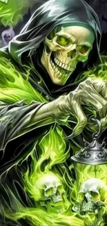 Grim Reaper with glowing green flames and skulls