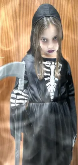 Girl in grim reaper costume with wooden door background.