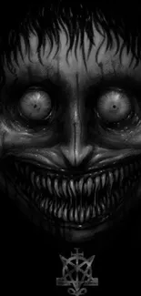 Creepy grinning face in dark wallpaper design.