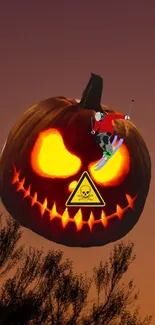 Spooky pumpkin with a skier jumps on a Halloween night wallpaper.