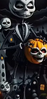 Spooky Halloween themed wallpaper with skeletons and pumpkins.