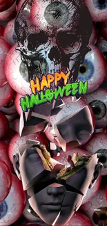 Spooky Halloween wallpaper with skull, eyeballs, and shattered face design.