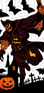 Spooky scarecrow and bats Halloween wallpaper with dark graveyard and pumpkin.