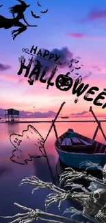 Halloween boat scene with skeletons and vibrant twilight sky.