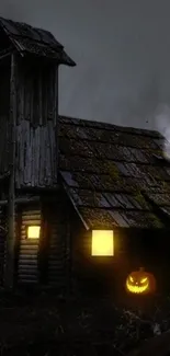 Spooky cabin with glowing pumpkin in a dark night.