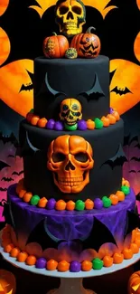 Halloween cake with skulls and pumpkins on a dark background.