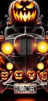 Spooky Halloween car with glowing pumpkins.