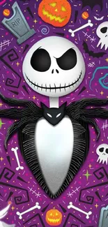 Purple cartoon Halloween wallpaper with skeleton and spooky motifs.