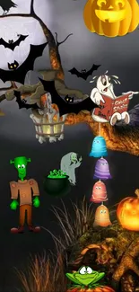 Spooky Halloween cartoon with pumpkins, bats, and ghost.