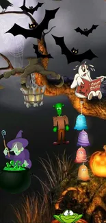 Cartoon Halloween scene with witches, ghosts, bats, and pumpkins.