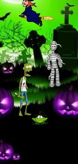 Halloween cartoon wallpaper with witch, zombie, and pumpkins.