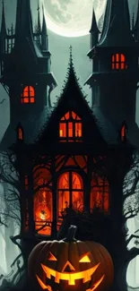 Spooky Halloween castle with glowing pumpkin and dark, eerie atmosphere.