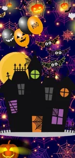 Spooky Halloween castle with bats and pumpkins.