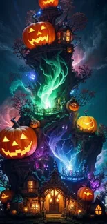 Magical Halloween castle with glowing pumpkins.
