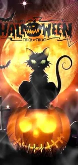 Spooky Halloween wallpaper with black cat and pumpkin.