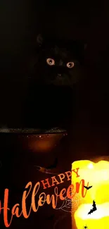 Eerie black cat with glowing candles and Happy Halloween text.