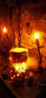 Halloween cauldron with magical fire and spooky, warm ambiance.