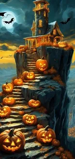Spooky Halloween cliff with pumpkins and haunted house.