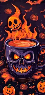 Fiery Halloween-themed coffee cup with pumpkin art.