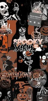 Spooky Halloween collage with skeletons and pumpkins in gothic art style.