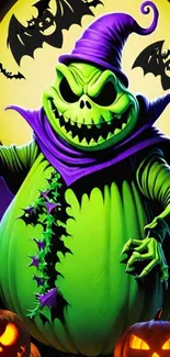 Spooky green Halloween creature with bats and pumpkin accents.