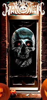 Spooky Halloween door with skull and pumpkins, perfect for phone wallpaper.