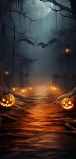 Spooky forest with pumpkins under a full moon, perfect for Halloween.