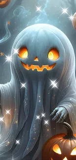 Mystical ghost with pumpkins glowing in the dark.