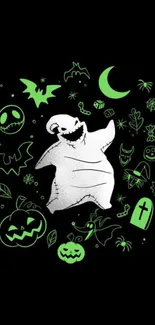 Halloween ghost art with spooky icons on a black background.