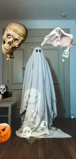 Halloween ghost with skulls, pumpkins, and spooky decor in a dimly lit room.