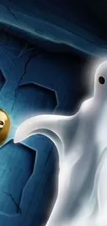 Ghost holding pumpkin on dark Halloween themed background.