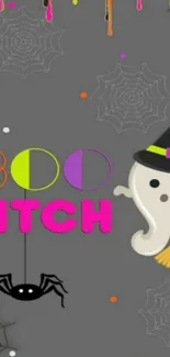 Cute ghost Halloween wallpaper with vibrant colors and spider webs.