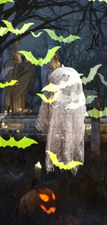 Ghostly figure and bats in spooky Halloween graveyard setting.