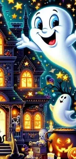 Playful ghost and haunted mansion Halloween wallpaper with jack-o'-lantern.